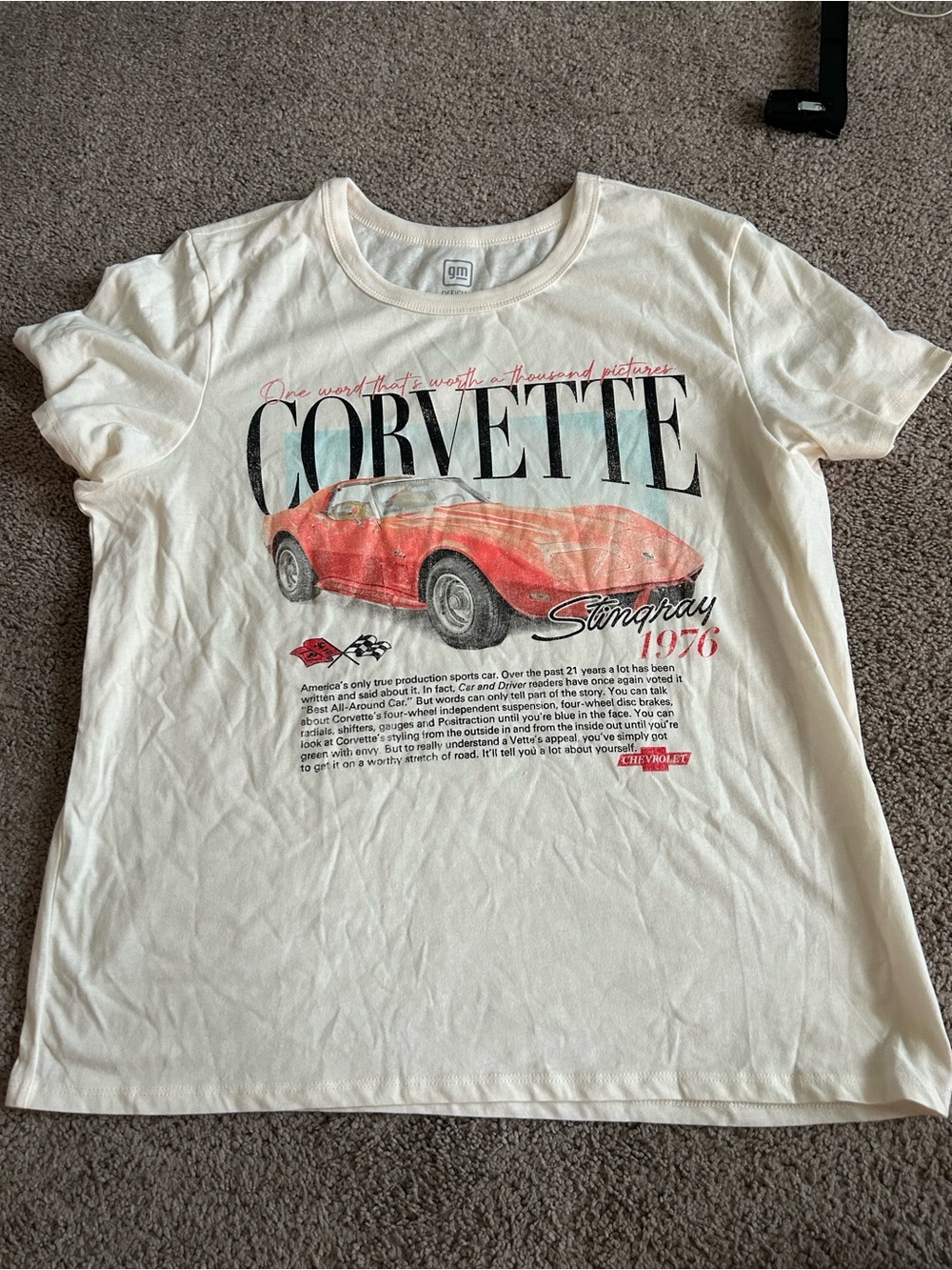 Hybrid Apparel Cream Corvette Graphic Tee with Red Car Print